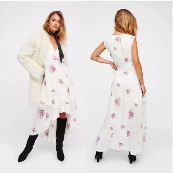 FREE PEOPLE | Off-White + Purple Midi Birdie Hi-Lo Dress (Size 0) - Picture 1 of 6